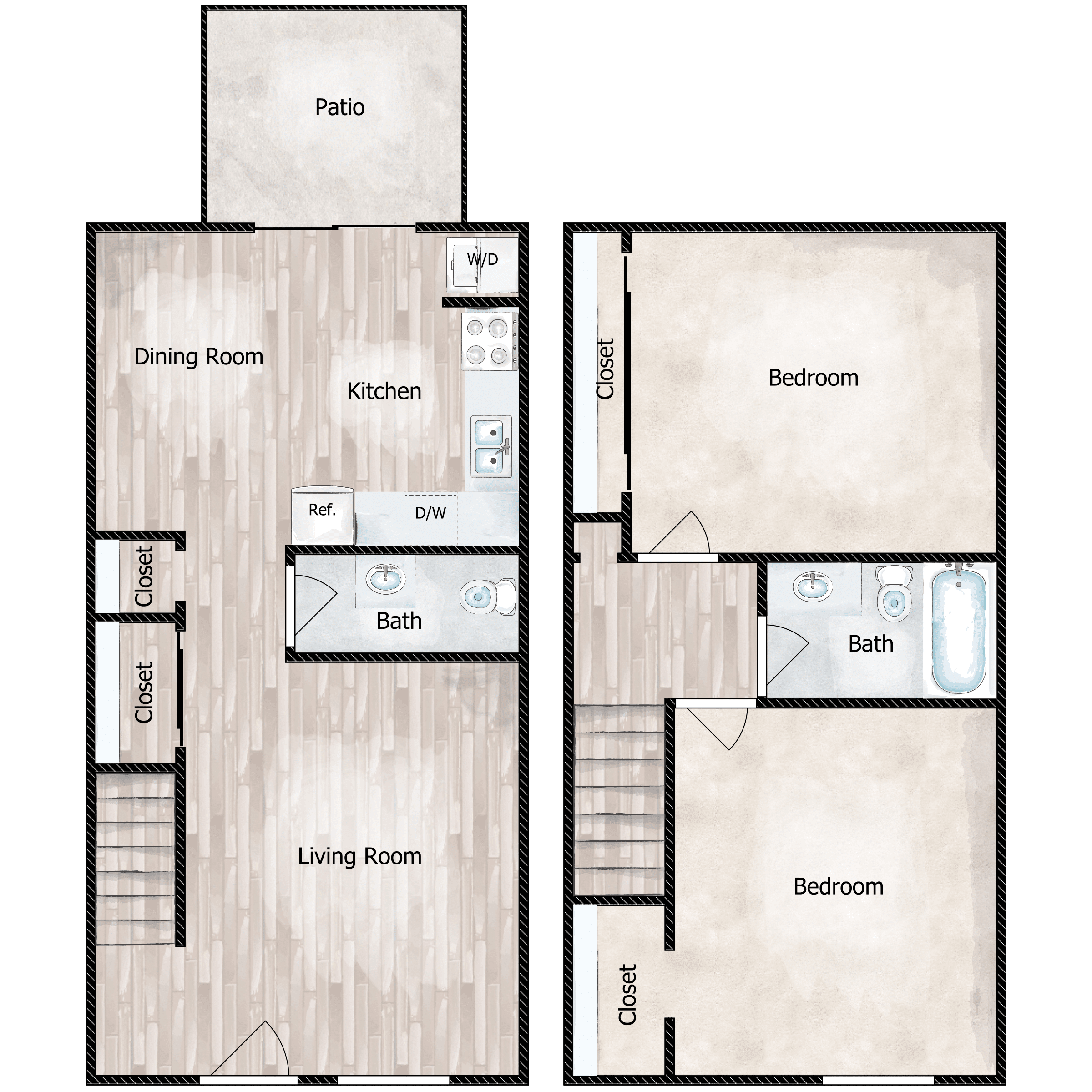 Floor plan for 2 beds, 1.5 baths, 1068 sqft